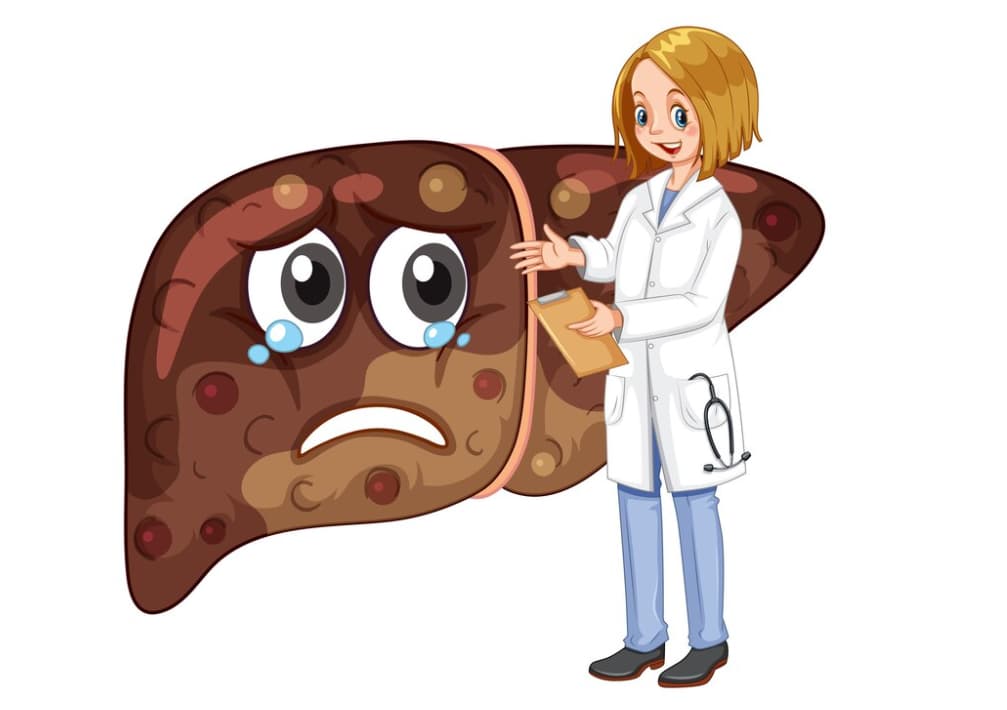 A cartoon of a sad liver being comforted by a doctor