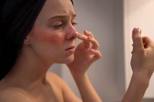 Woman looking at her red face in the mirror